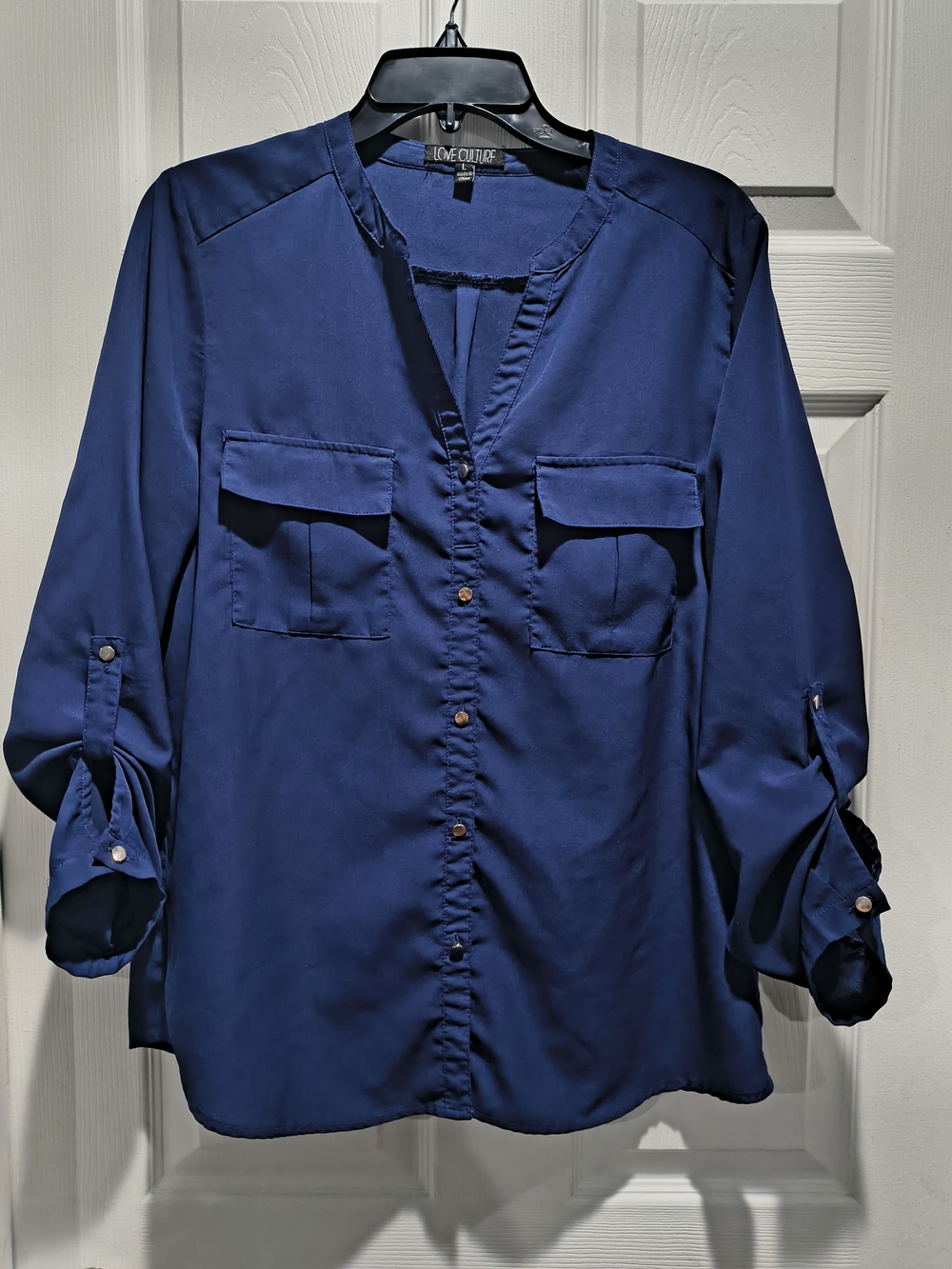 Love Culture Navy Button-Front Shirt with Chest Flap Pockets, Large